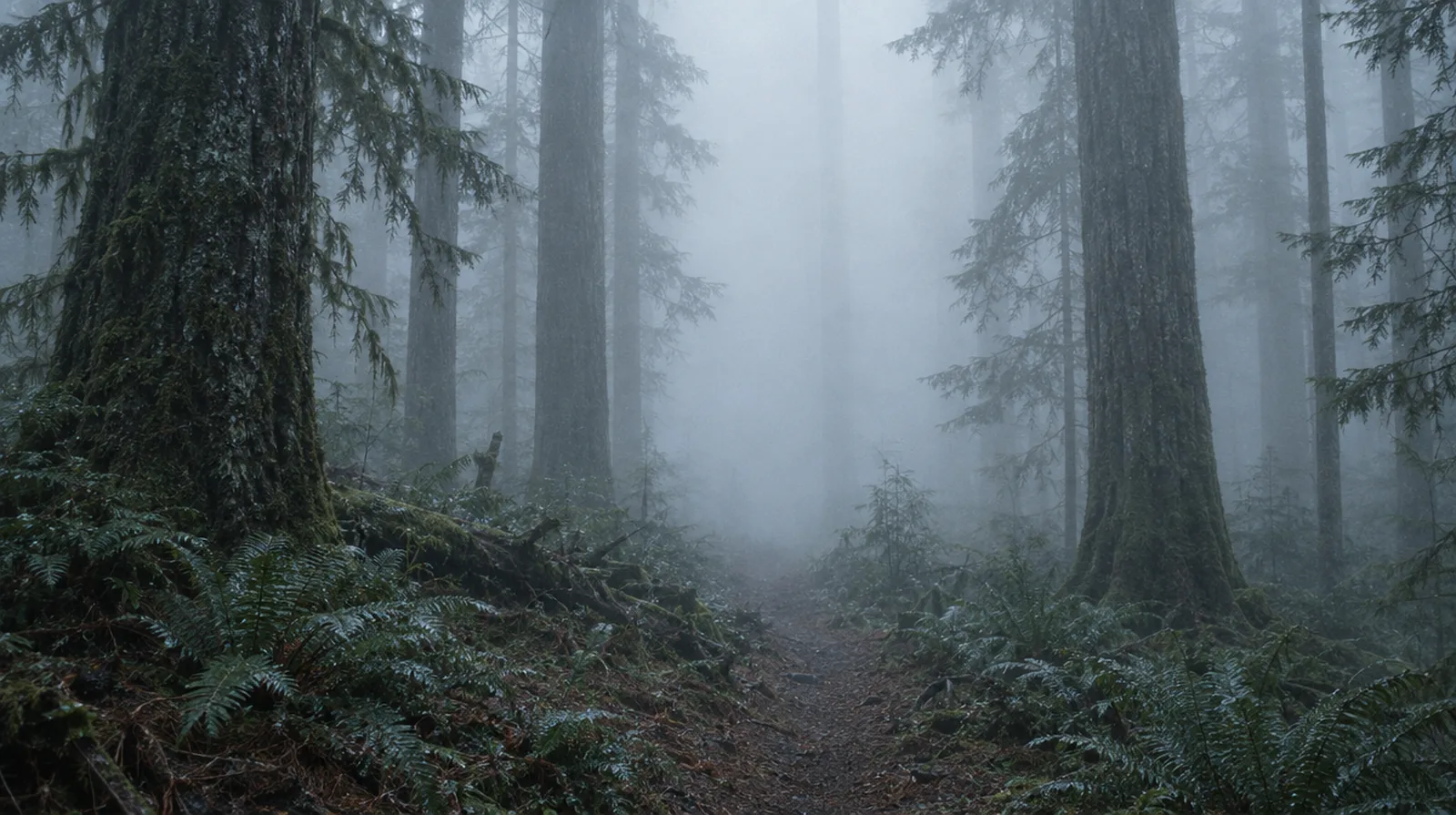 Fog moving through a coastal forest at first light